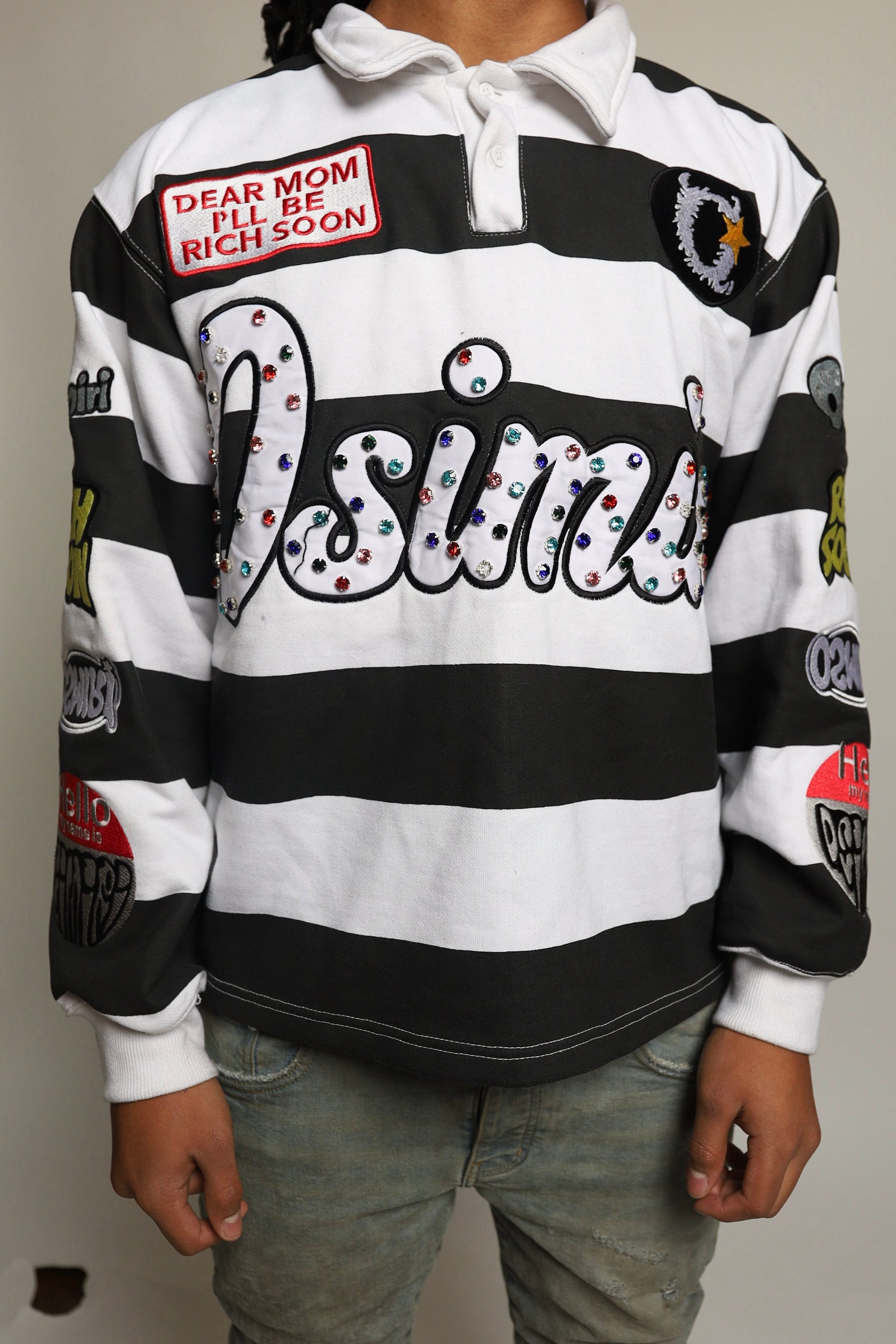 Black Osimiri Studded Stripe Polos